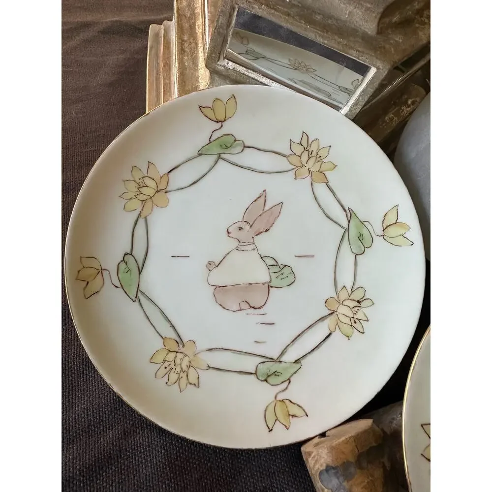 Antique MZ Austria bunny dessert Plates Set of 2 White Gold Gilt children 7”